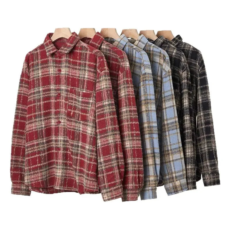 Retro American Plaid Long Sleeve Shirt Women's Lazy Style Loose Slimming Versatile Flannel Coat with Pocket Full Length Button u