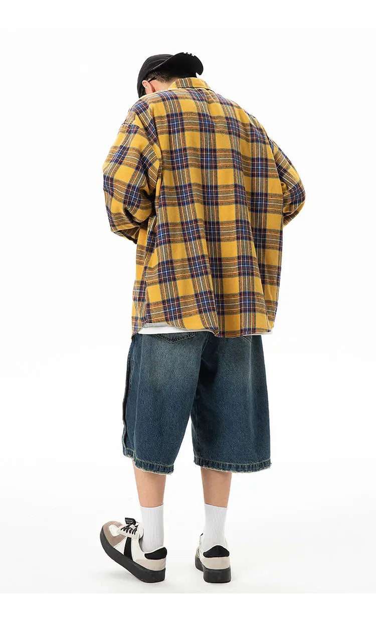 Plaid Shirt with Long Sleeves, Loose Fit, for Casual Men, Harajuku Style, Spring and Autumn Brushed Cotton Shirt.Oversized