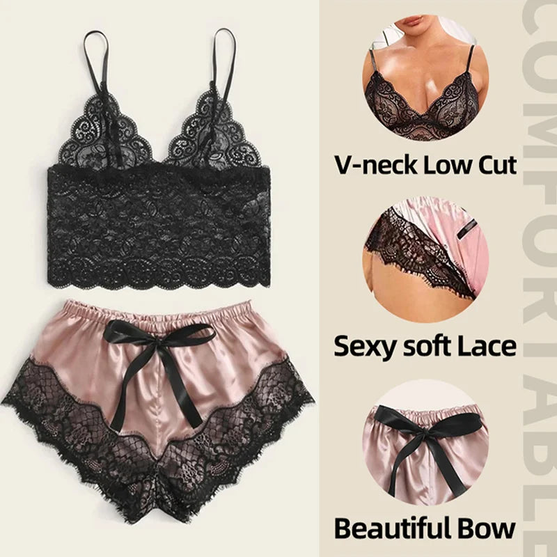 Women 2 Piece Sexy Lace Pajama Set See-Through Bralette Cami Top and Shorts Breathable Sleepwear Plus Size Summer Lingerie