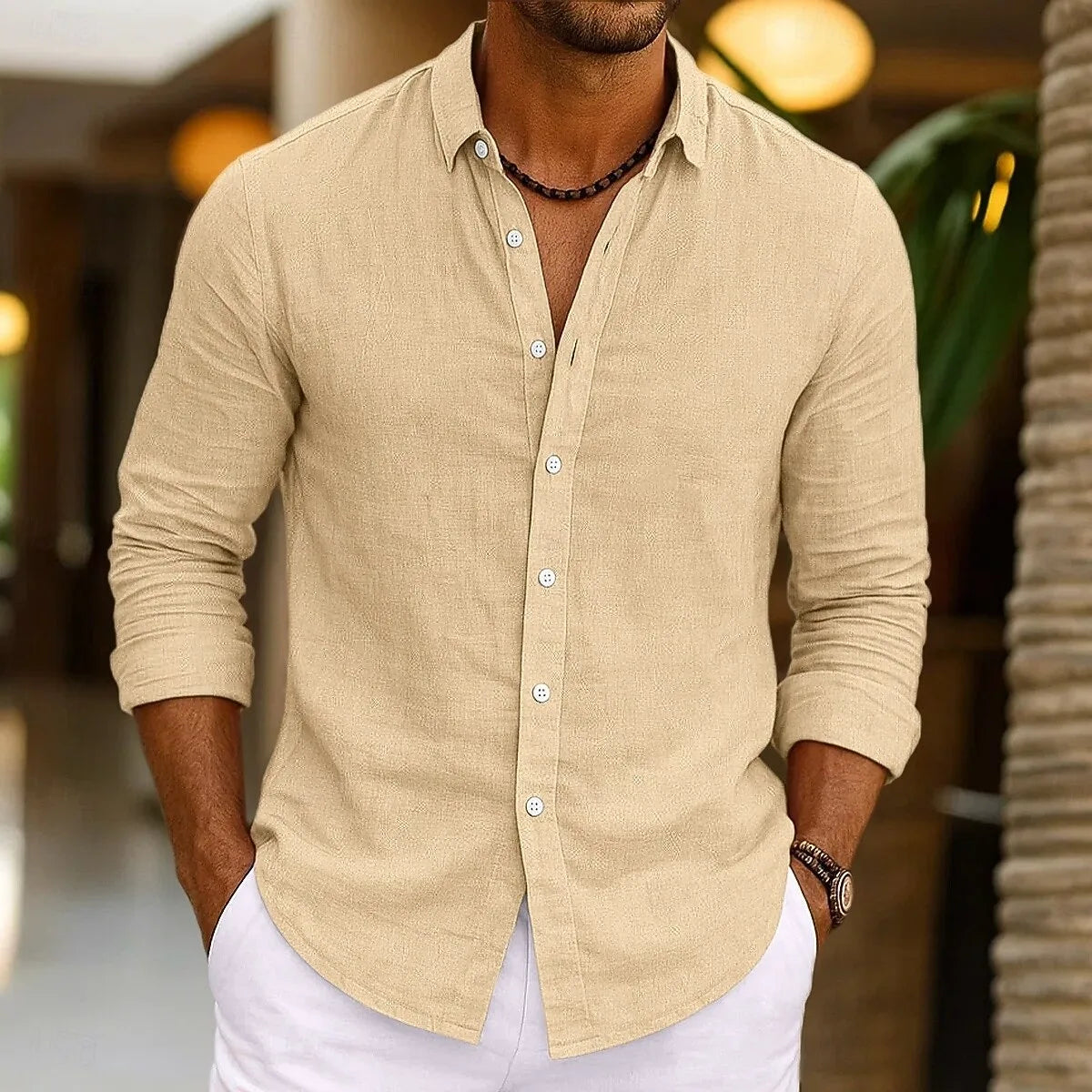Men's Linen Shirt Summer Beachwear Button Solid Color Cotton Linen Long Sleeve Shirt Vacation Men's Clothing Fast Shipping
