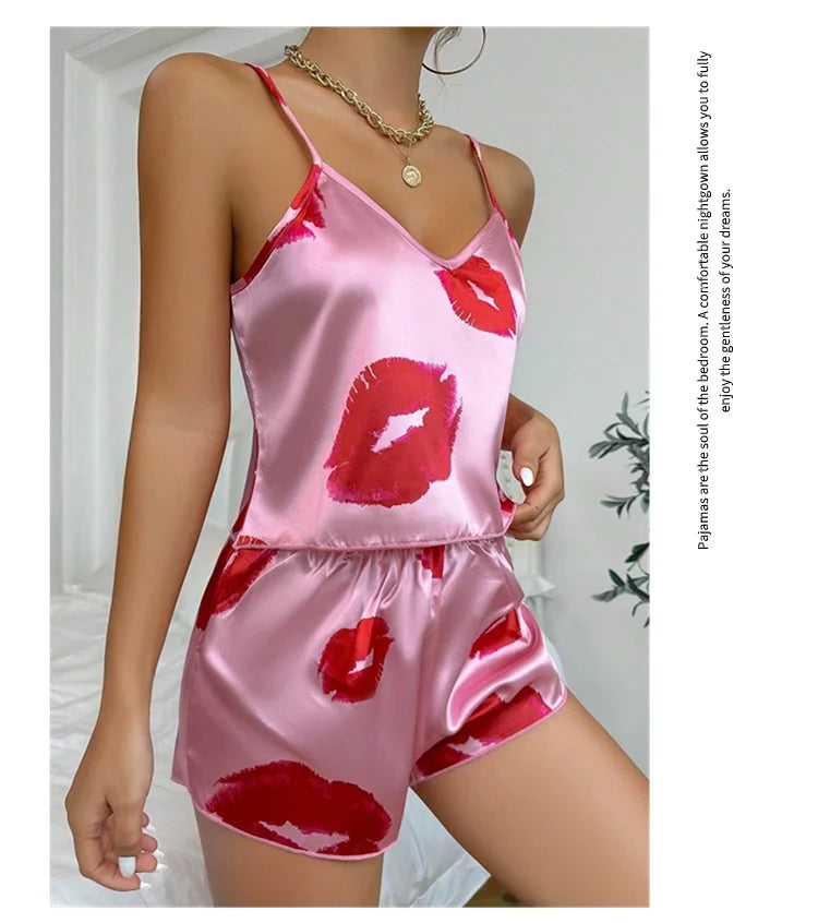 Women's Cute Heart Print Satin Pajama Set - V Neck Cami Top and Elastic Shorts for Comfortable Sleep and Lounging Homewear