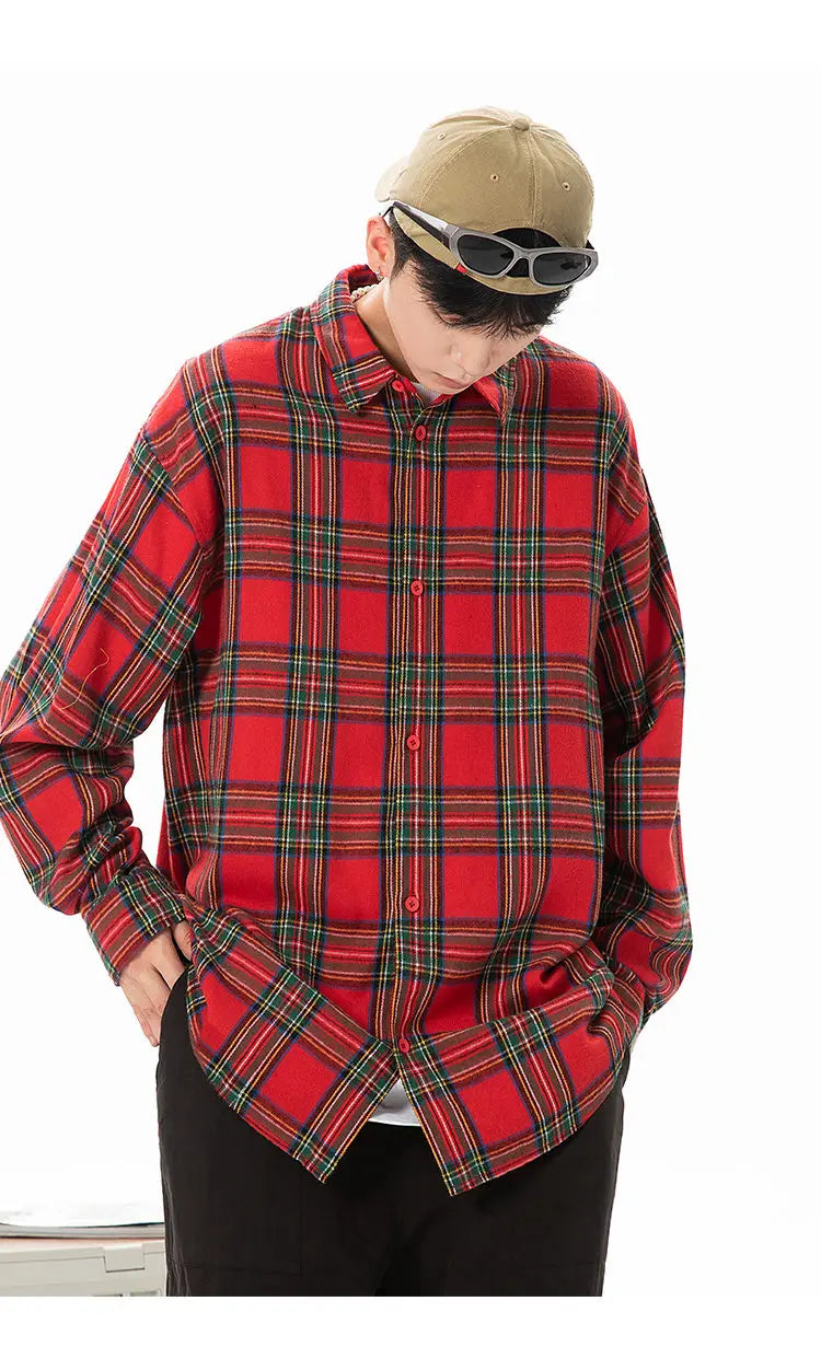 Plaid Shirt with Long Sleeves, Loose Fit, for Casual Men, Harajuku Style, Spring and Autumn Brushed Cotton Shirt.Oversized