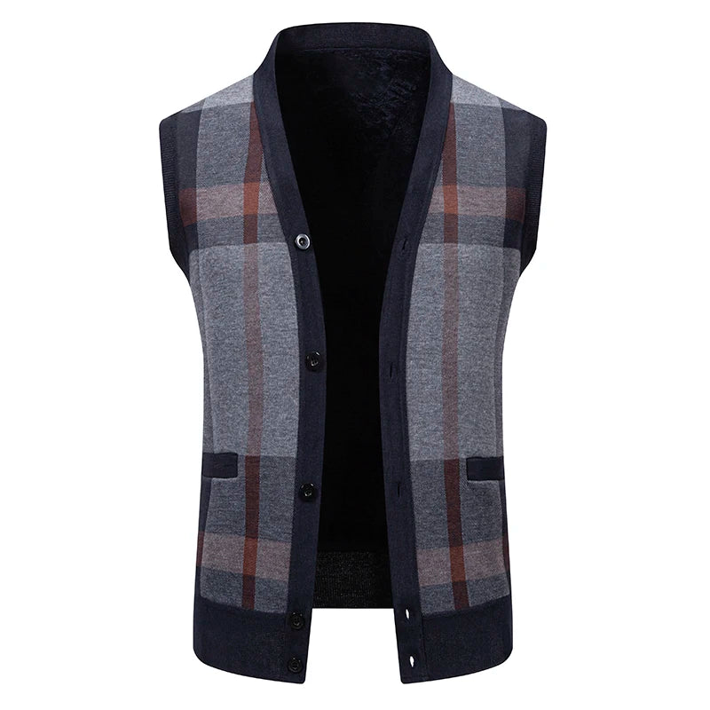 New Mens Fleece Knitted Vest Sleeveless Autumn Winter V Neck Sweater Vest Button Front Knit Cardigan Vest