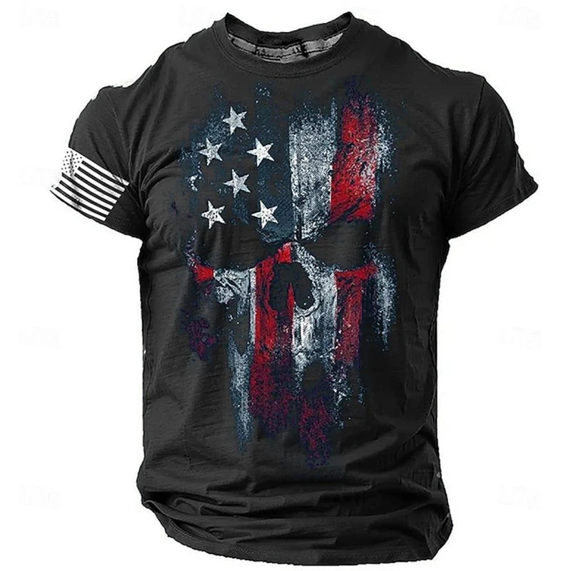Summer Men's Retro Flag Printed T-shirt 3D Skull Round Neck Short Sleeve Casual Breathable Men's Large Size T Shirt Hot Model