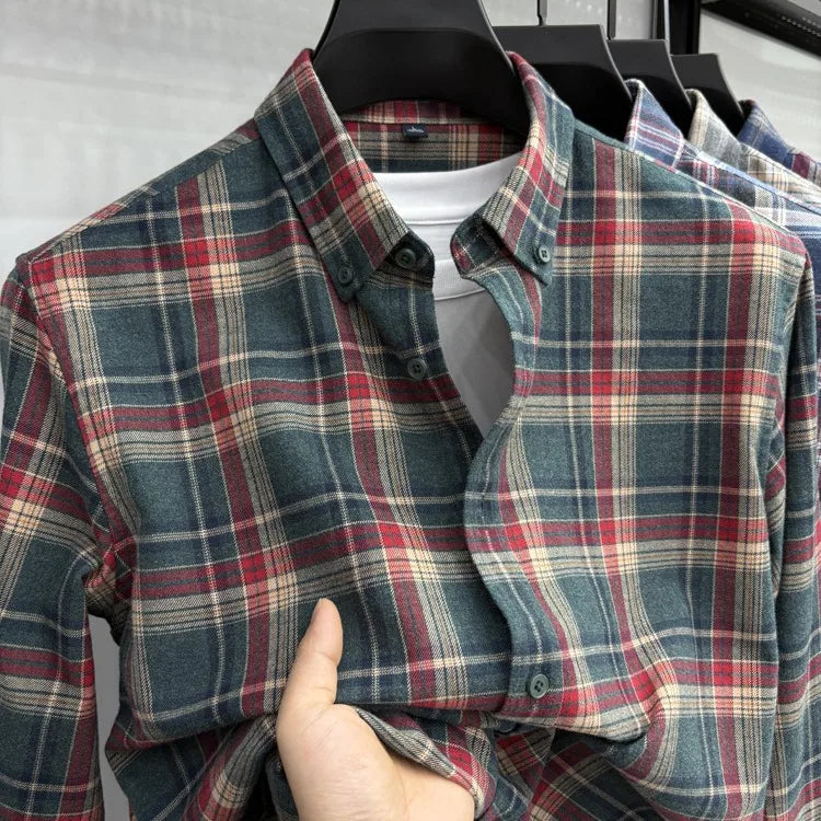 New 2025 Men's Long Sleeve Cotton Shirt Fleece Business Casual Easy Care Youth Outerwear Top Polyester Fiber Cool Sensation