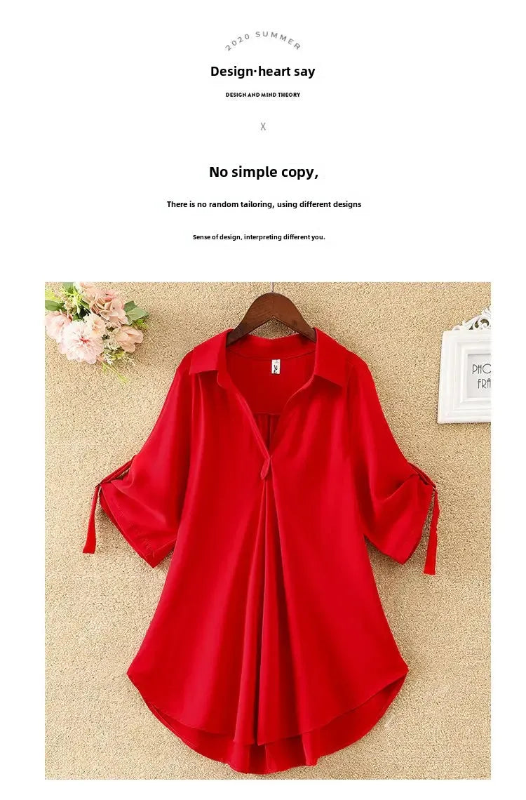 Women's Slimming Chiffon Top 2024 Summer New Style Medium-Length Short Sleeves Plus Size Loose-Fit Waist-Fitted Shirt