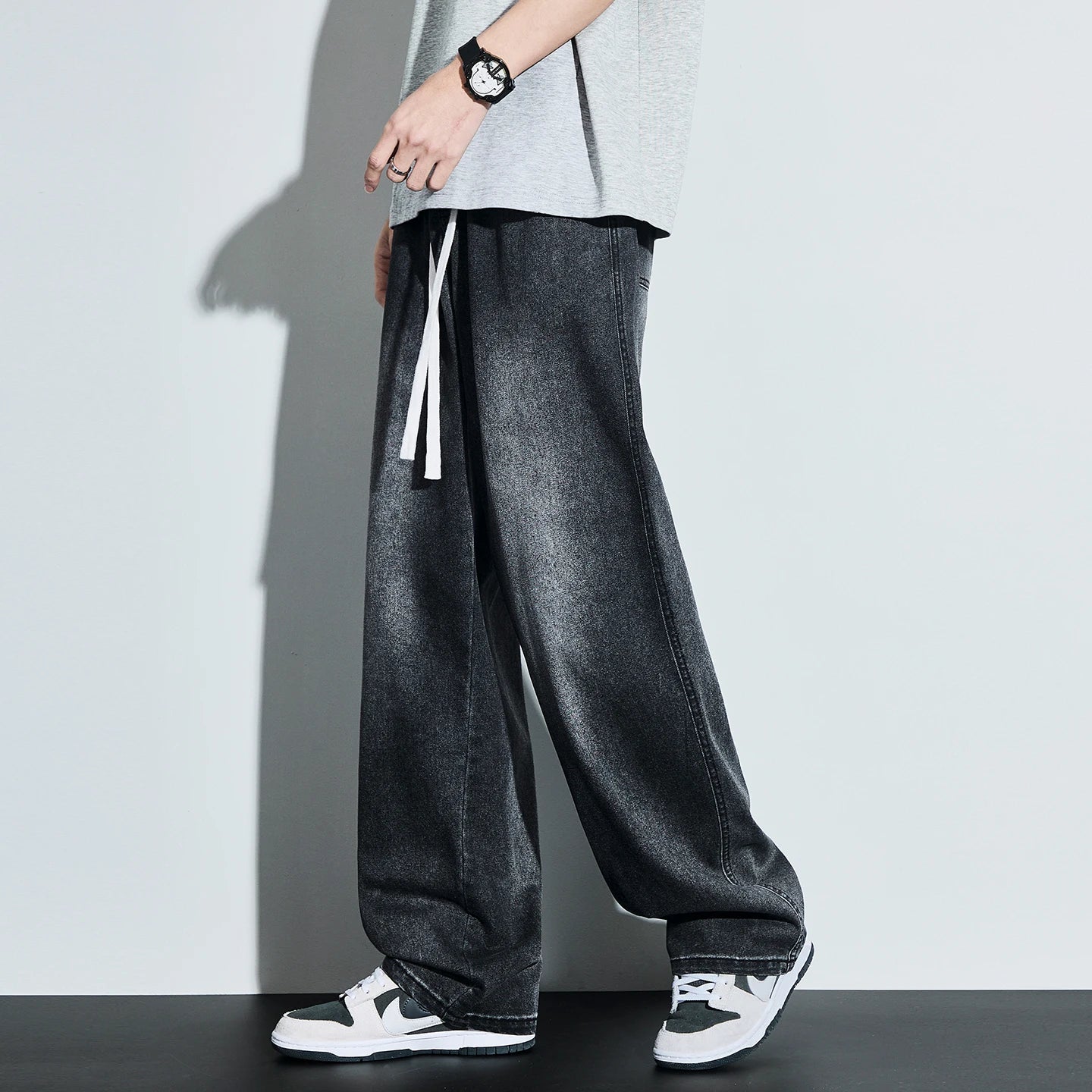 High Quality Spring Summer Lyocell Men's Jeans Baggy Straight Drawstring Streetwear High Street Trousers Male 7 Color