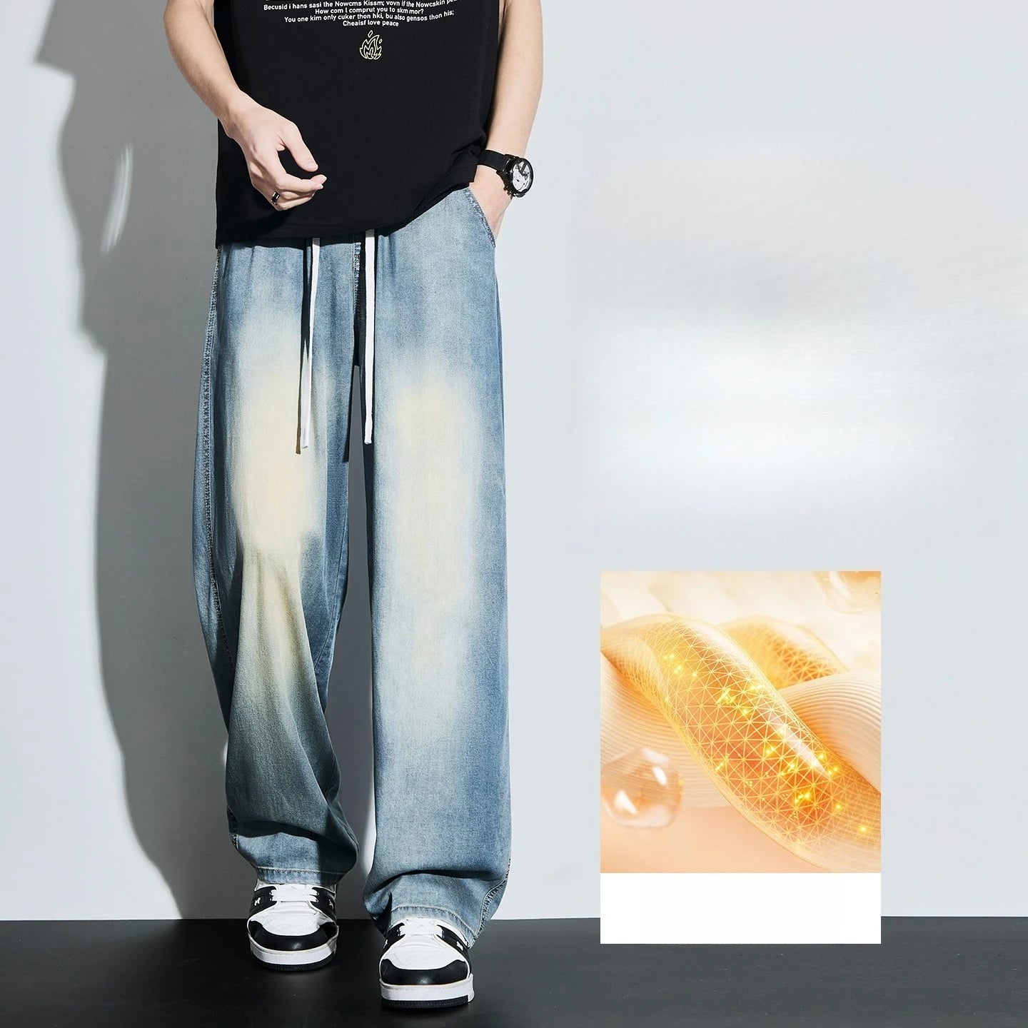 High Quality Spring Summer Lyocell Men's Jeans Baggy Straight Drawstring Streetwear High Street Trousers Male 7 Color