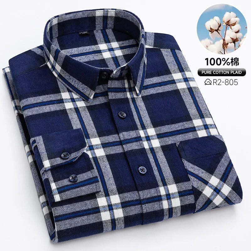 Pure Cotton Men's Plaid Shirts Long Sleeved Regular Fit Casual Office Fashion Shirts Leisure Autumn Male Check Blouses Plus Size