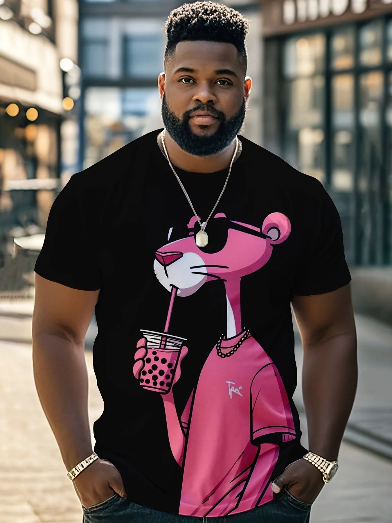 Men's Plus Size Casual Sports Tee - Pink Leopard Print with Stylish Cartoon Rat Graphic,Polyester,Machine Washable,Workout