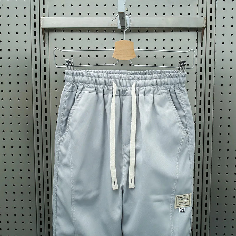 Men's Ice Silk Casual Pants Summer Thin Loose Harlan Nine-Point Trousers Trendy Sports Tools with Tied Feet forVersatile Style