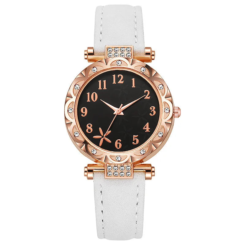 Fashion Sunflower Dial Watch Rose Gold Women's Starfish Quartz Watch Leather Strap Temperament Water Diamond