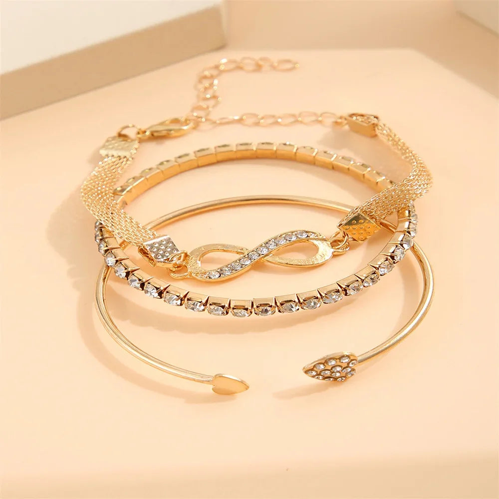 Vintage Infinity Heart Crystal Rhinestone Bracelet Set for Women Female Gold Color Metal Adjustable Bracelets Fashion Jewelry