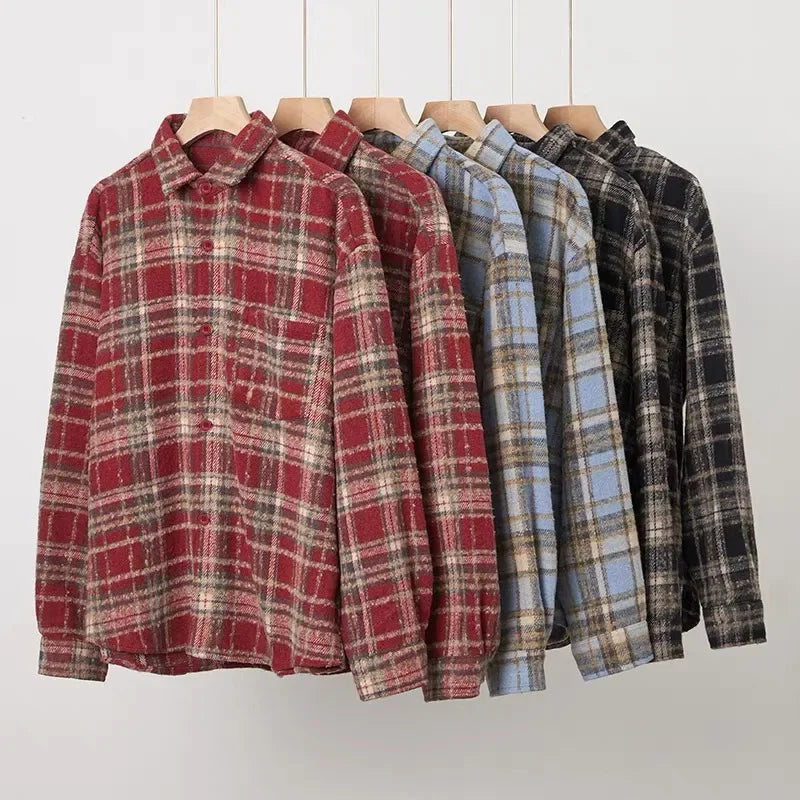 Retro American Plaid Long Sleeve Shirt Women's Lazy Style Loose Slimming Versatile Flannel Coat with Pocket Full Length Button u
