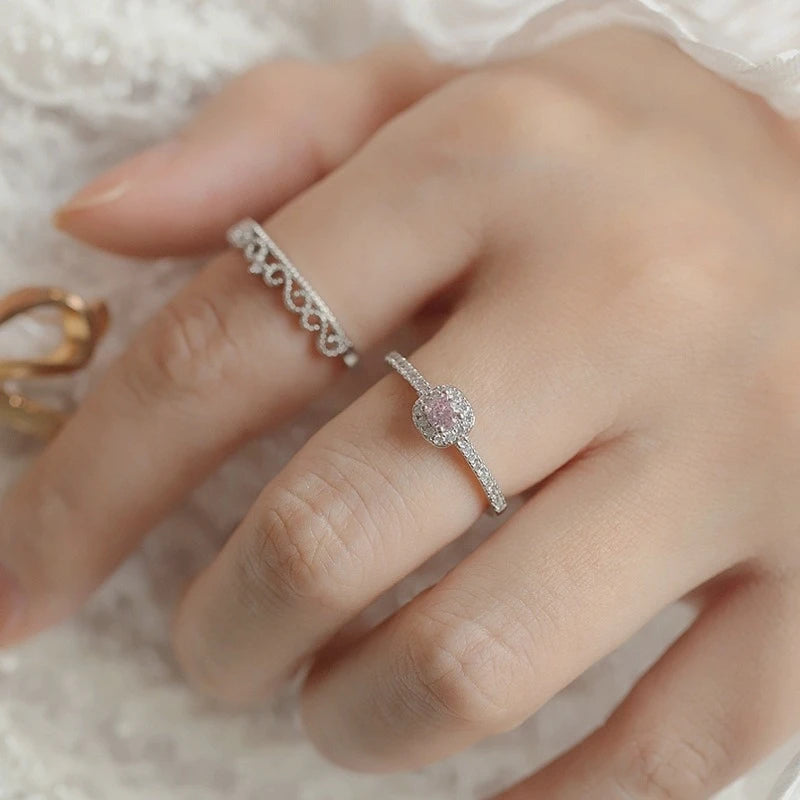 2023 New Fashion Korean Love Heart Pink Rhinestone Silver Color Open Ring for Women Shiny Luxury Adjustable Rings Jewelry Gifts