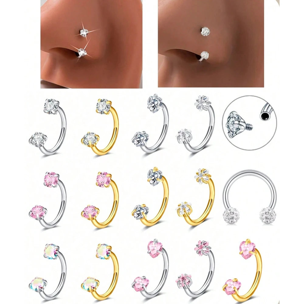Horseshoe Nose Rings Heart Star Pink CZ Internal Threaded Horseshoe Septum Ring Cartilage Tragus Earrings Helix Piercing Jewelry