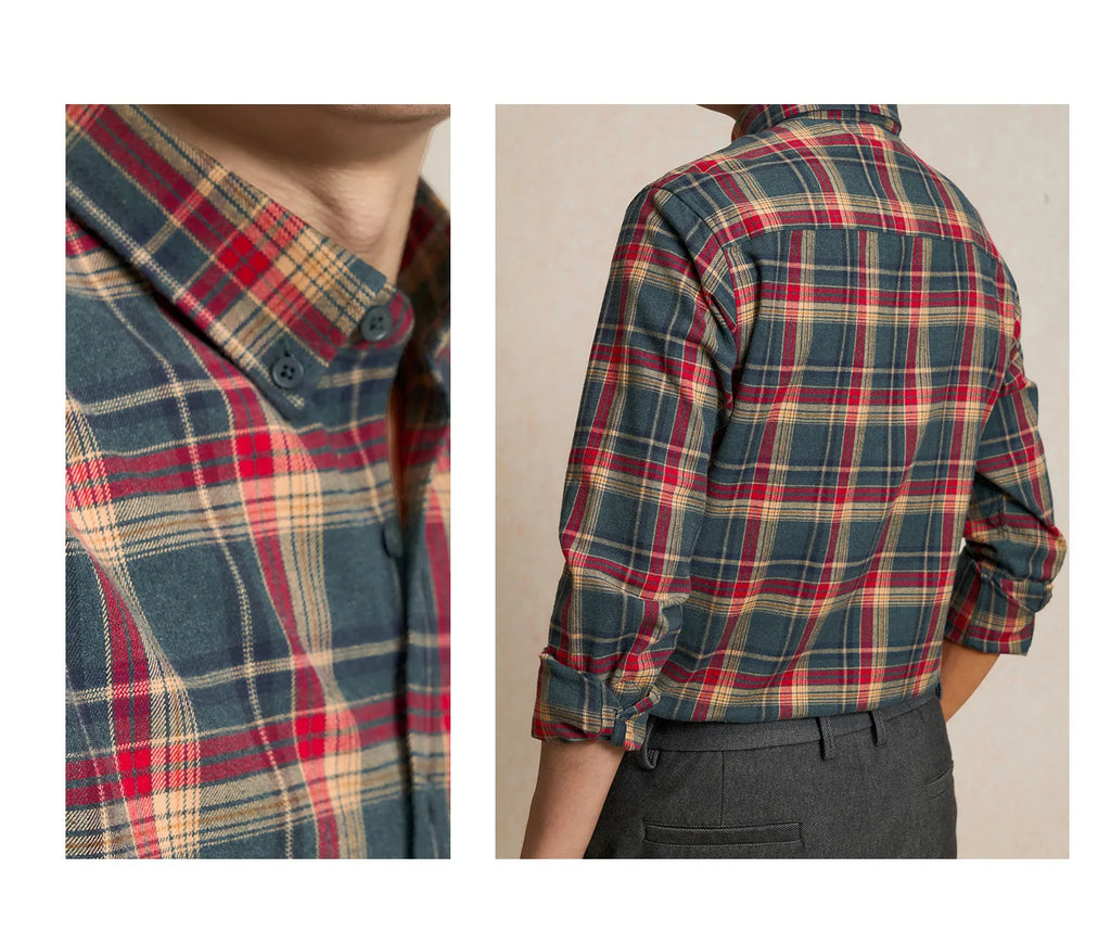 Men's Plaid Long Sleeve Shirt Fleece Finish Casual Style High End Feeling Autumn Winter Collection Fashionable Youth Urban Wear