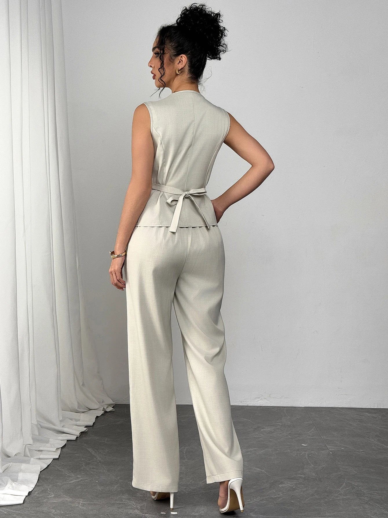 Spring Summer New Women Suit Two Piece Set Retro V Neck Single Breasted Waist Vest Wide Leg Pants Casual Commuter Outfit