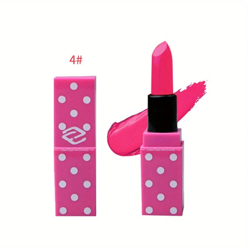 8 Colors Super Cute Girls Lipstick, Pink Polka Dots Design Long Lasting Non-fading Waterproof Velvet Lip Color, Non-Stick Cup
