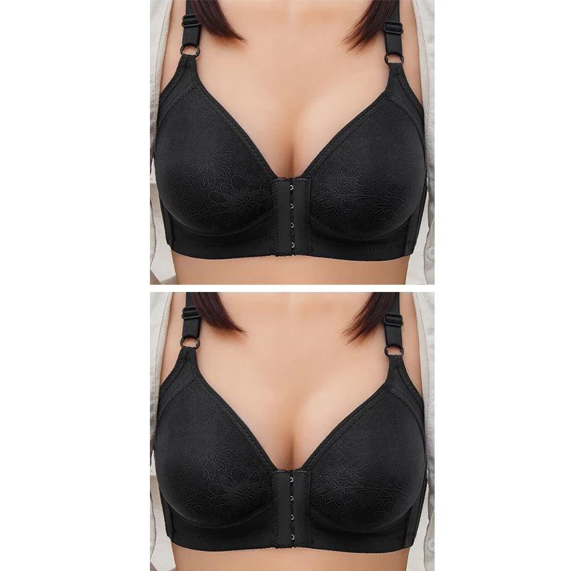 2pcs Womens Front Clasp Full Cup Bras No Steel Ring Support Lace Bralettes Large Size Mom Brassiere Comfort Ventilate Underwears