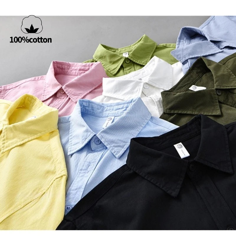 Basic Men's Long-Sleeve Cotton Shirt - Casual and Versatile Spring Style 100% Cotton Solid Color Casual Shirt
