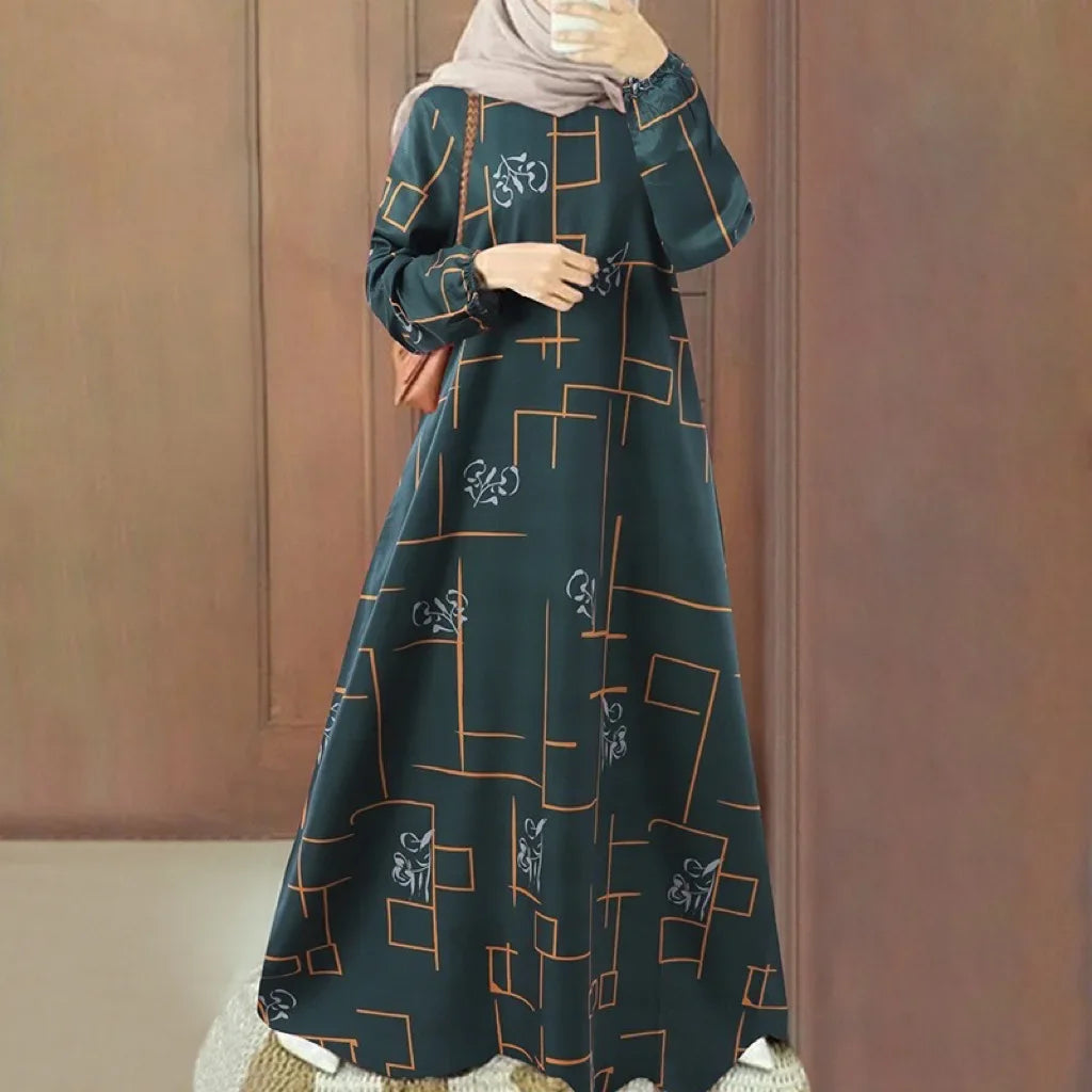 New 2025 Long Sleeve round Neck Printed Loose Fit Maxi Dress Women's Casual Wear Middle East Muslim Style Cross Border Fashion