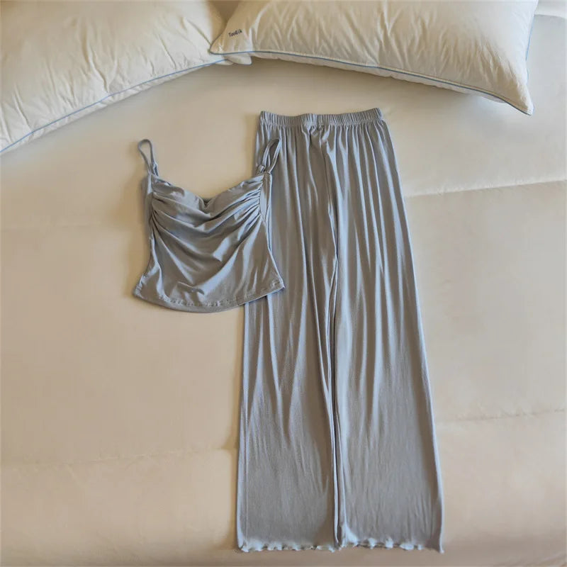 Sexy Lingerie Trousers Sets New Modal Sleepwear Women's Spring Summer Camisole Pants Two-piece Set Chest Pad Home Wear Pajamas