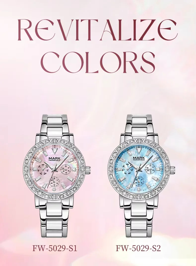 Mark Fairwhale Dress Pink Diamond Watch For Women Fashion Ceramic Chain Quartz Watch Luxury Brilliant Beimu Wristwatch Ladies