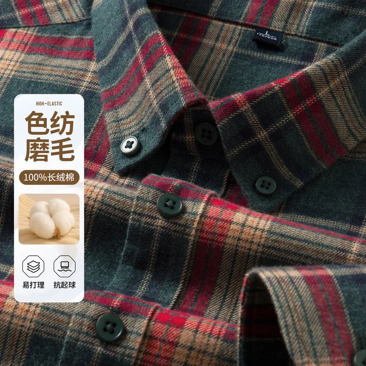 100% Cotton Flannel Shirt Men's, Plaid Casual Jacket, Anti-Wrinkle, Multi-Color Gold Quality Long-Staple Cotton M-4XL