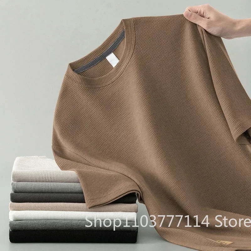 Korean Style Men Summer T-Shirt Man Short Sleeved Waffle Solid T-Shirt Color Casual Tee Round Men's Round Neck Fashion Top