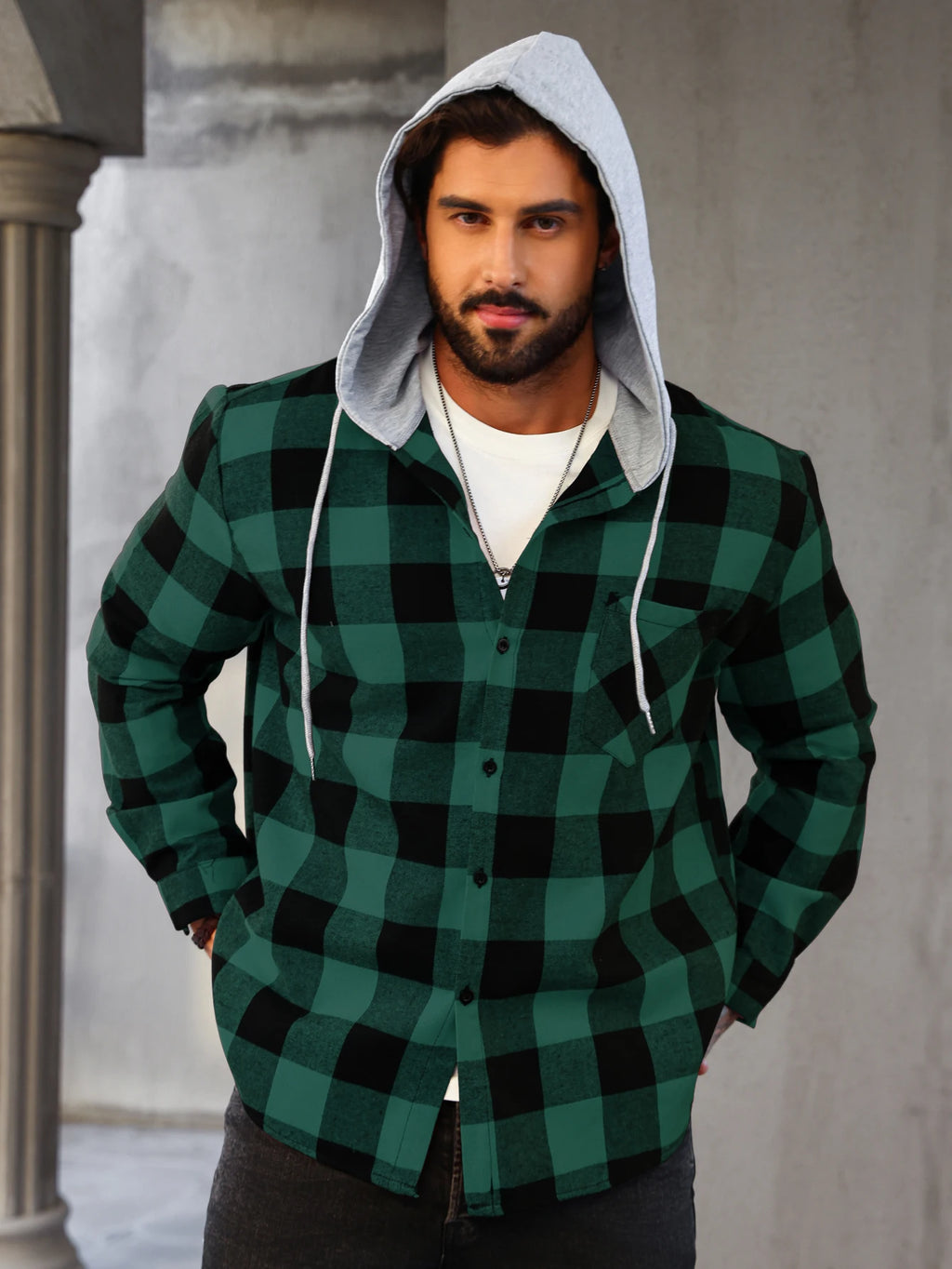 Mens Colorful Plaid Hooded Cardigan Color Block Sweatshirt with Pockets Top Jacket