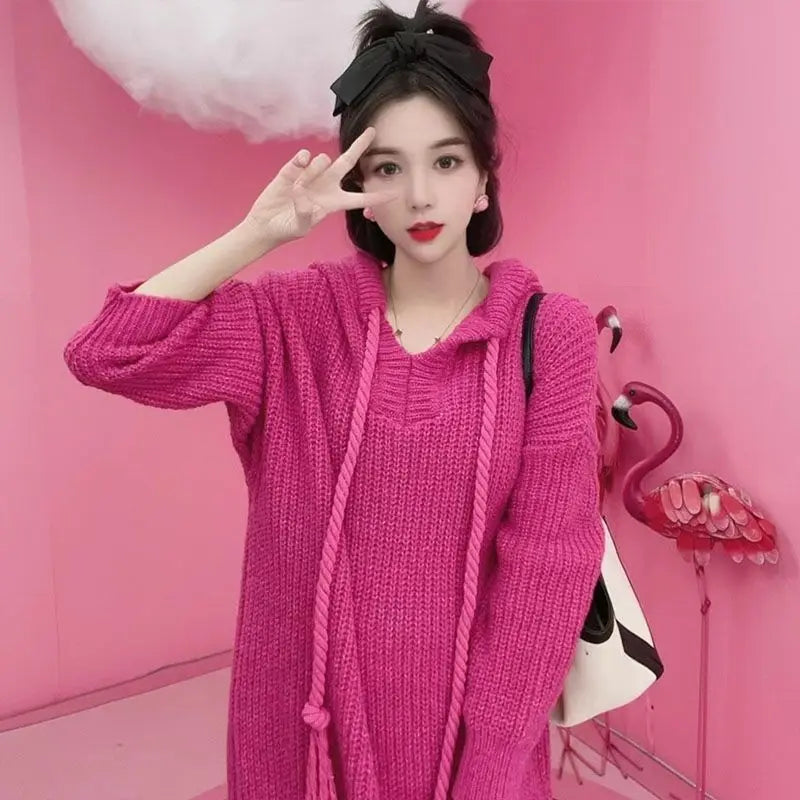 Bottom Hooded Knitted Dress with Lazy Style Medium to Long Loose Flesh Blocking Thick Dragon Fruit Colored Sweater Long Skirt