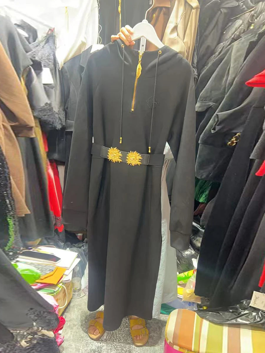 GALCAUR Solid Spliced Sashes Chic Dress Female Hooded Long Sleeve Loose Elegant Casual Women's Dresses Autumn Fashion New Style
