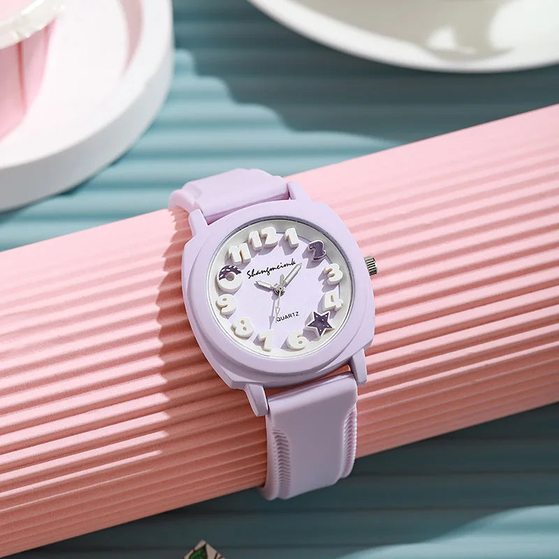 Fashion 3D Arabic Dial Women's Quartz Watch Candy Color Silicone Band Square Watches