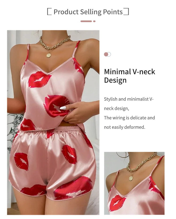 Women's Cute Heart Print Satin Pajama Set - V Neck Cami Top and Elastic Shorts for Comfortable Sleep and Lounging Homewear