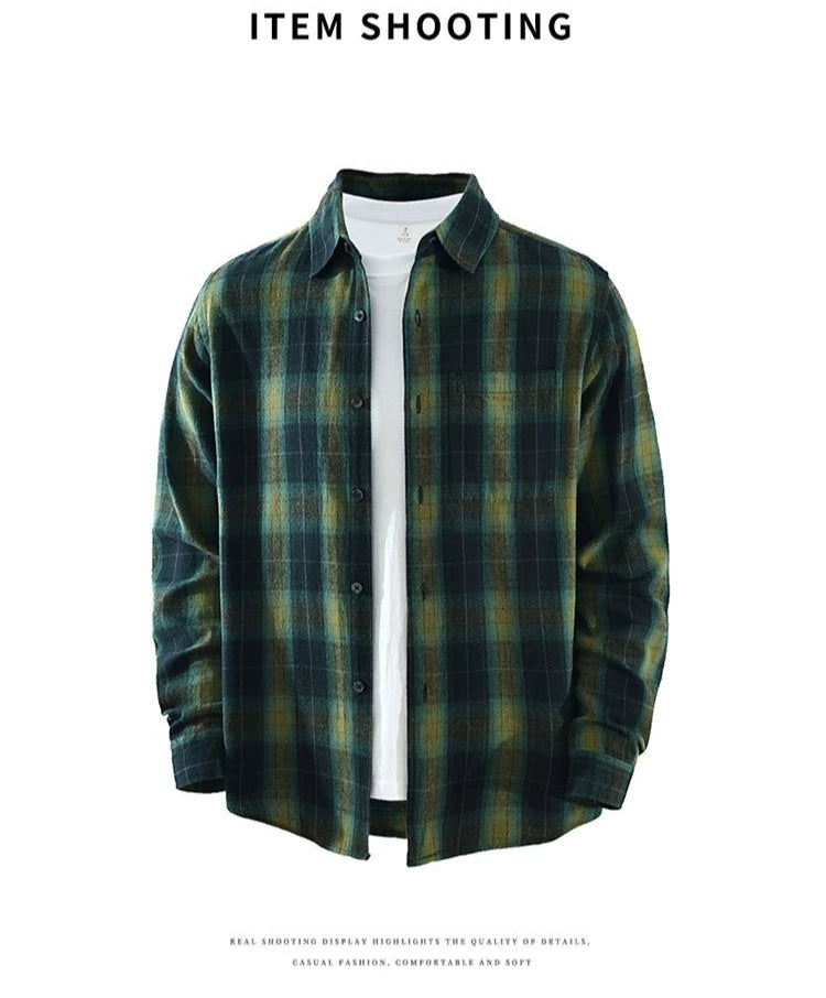 Oversized 100% Cotton Men's Plaid Shirt, Japanese Casual Style, Green Coffee Check Camping Fishing