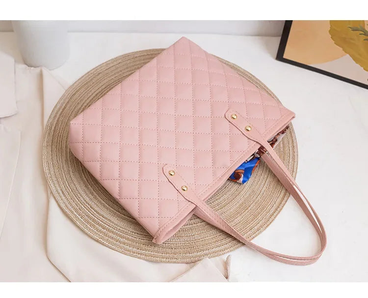 Embroidered Women's Handbag PU Leather Large Capacity Bucket Bag Fashion Beach Tote with Silk Scarf Gift Elegant Daily Use Purse