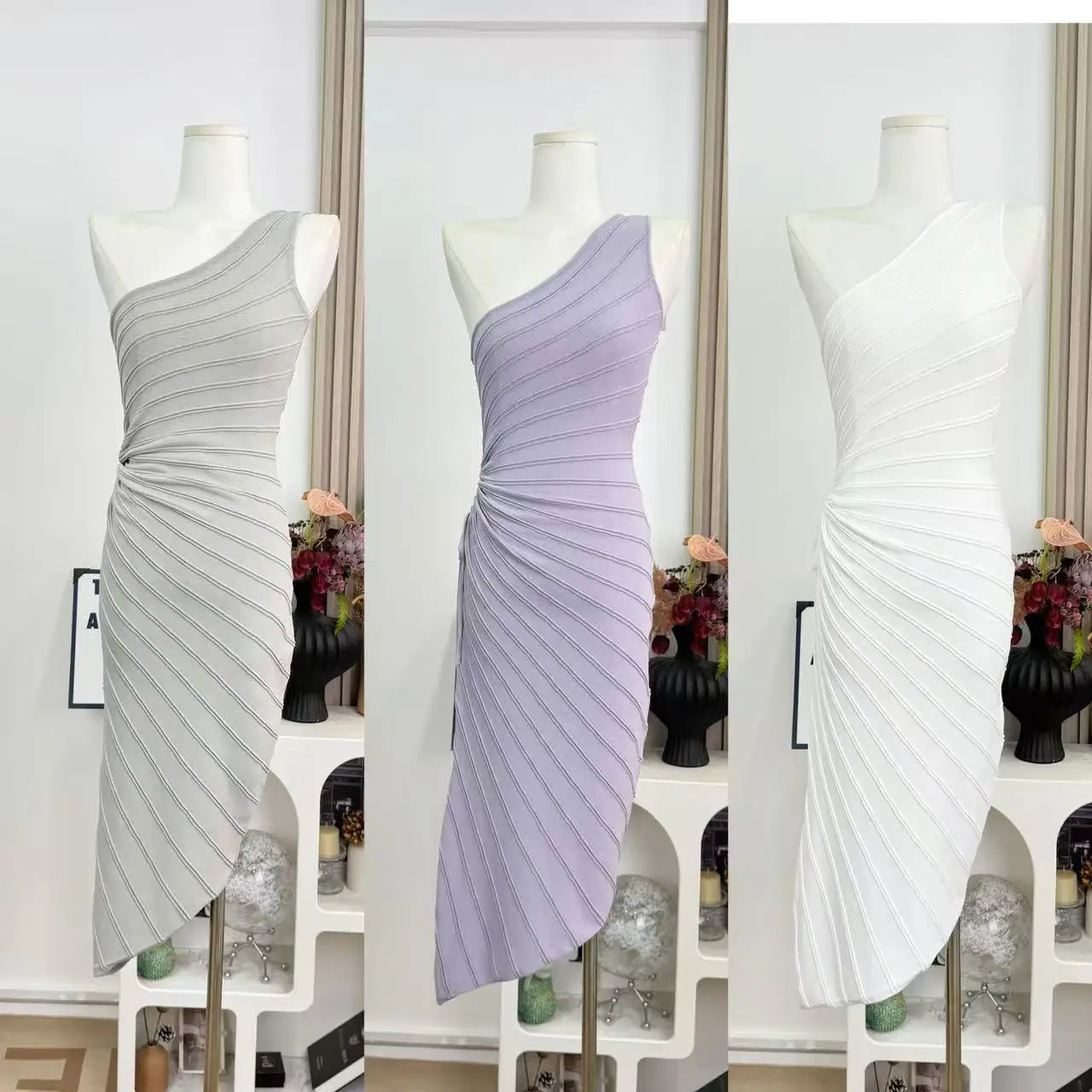 Women Elastic Summer Simple Party Dresses Sexy Irregular One Shoulder Stripe Sheath Pencil Dress