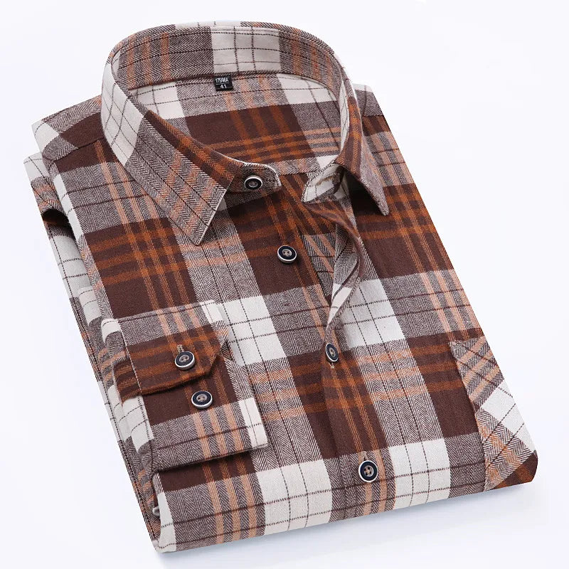 Men's 100% Pure Cotton Flannel Soft Regular-fit Long Sleeve Brushed Shirt Single Pocket Comfortable Casual Plaid Shirts 11XL-9XL