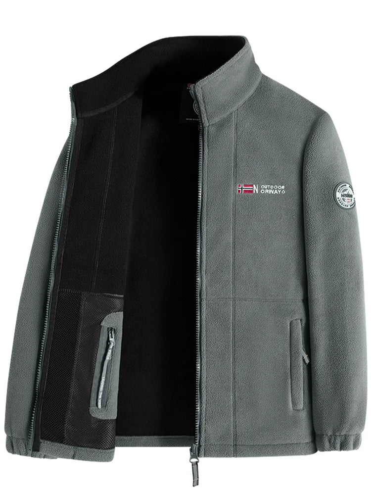 Navy Blue Fleece Zip - Up Jacket with Norwegian Flag and "Outdoor Norway" Embroidery