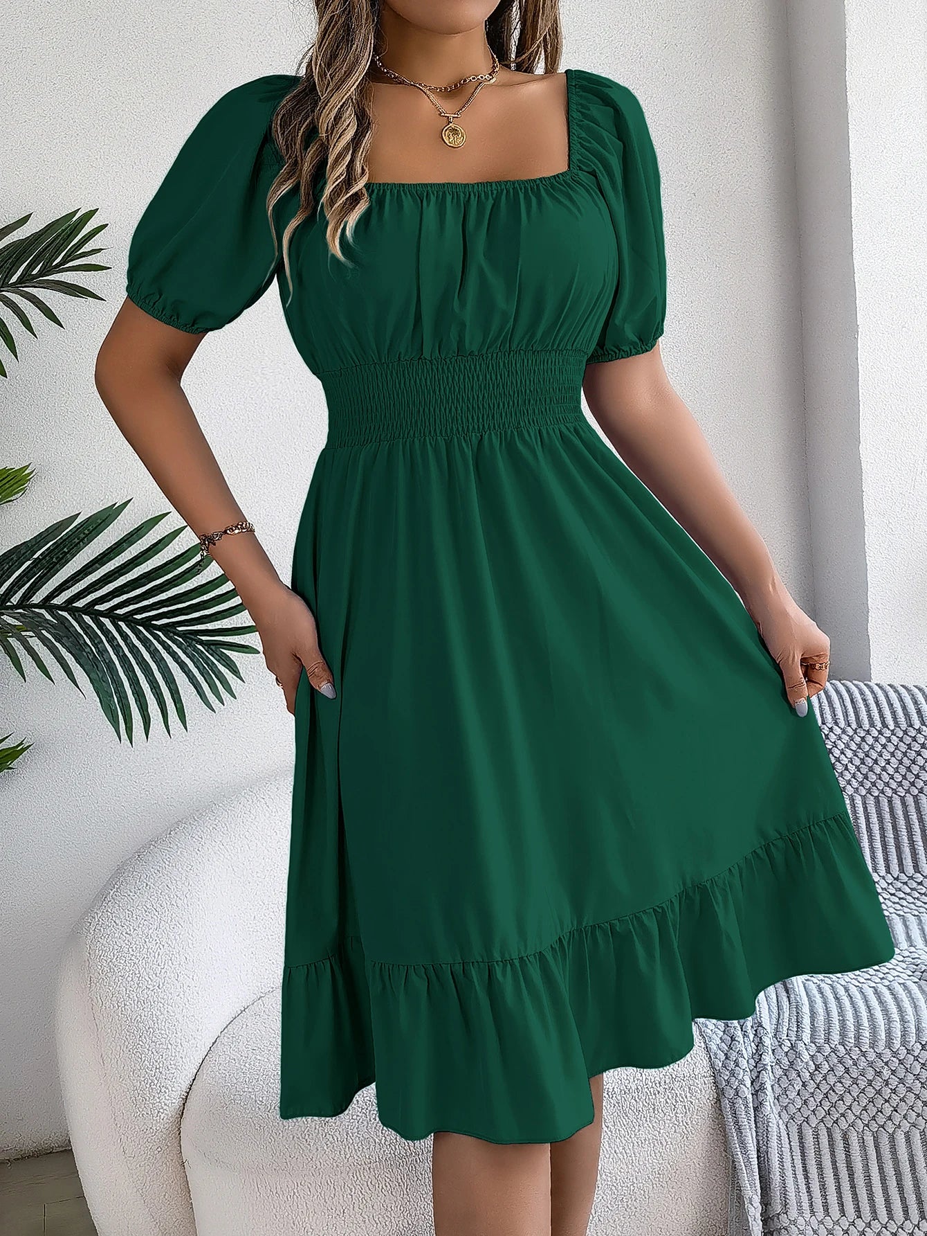 Spring Summer Elegant High Waisted Dress Square Neck Short Sleeved Ruffled Edge Long Dresses for Women 2026 Valentine's Day