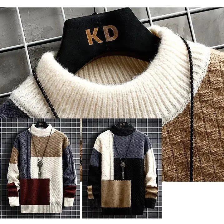Retro Spliced Thickened round Neck Sweater for Men Loose Fit Knitted Winter Fashion Casual Cotton Polyester Blend Knitwear