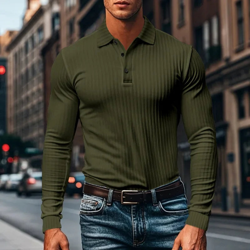 Men's Autumn  Classic Casual  Elastic Pit Strip Polo ShirtAmerican  Lapel Button-up Long-Sleeved T-shirt