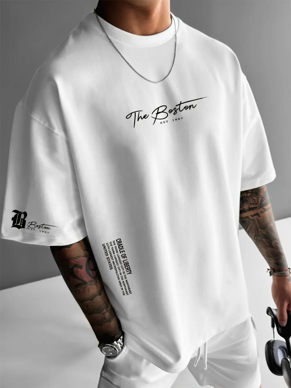 New men's polyester fabric casual comfortable breathable round neck T-shirt with letter pattern suitable for outdoor sports