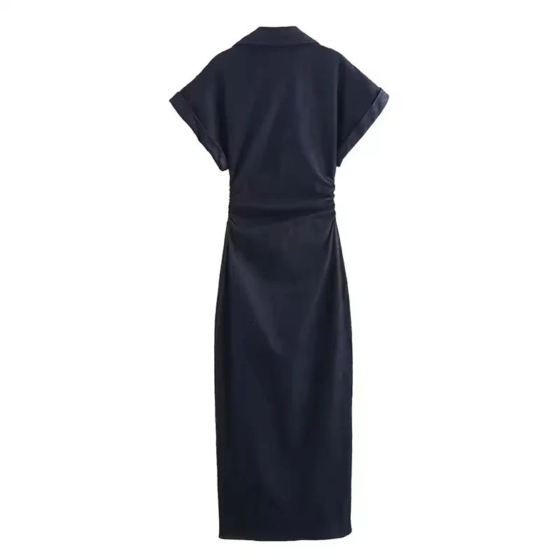 Denim Dress Women's Spring Summer Casual Long Dresses For Women 2025 New Fashion Ruched Short Sleeve Streetwear Midi Dress