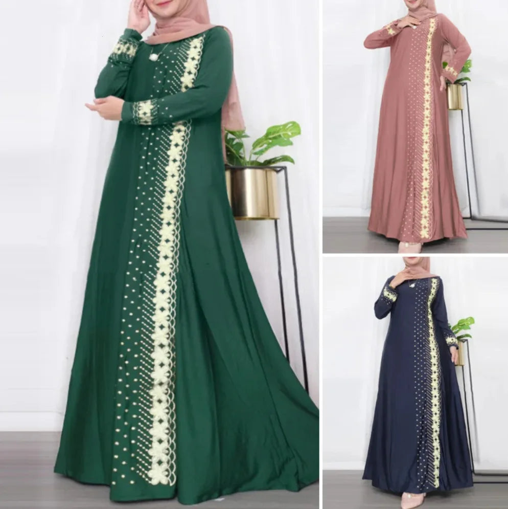 Elegant Muslim Long Sleeve Loose Dress Southeast Asia Positioning Print Fashionable 2025 New Style Elegant Midi Dress