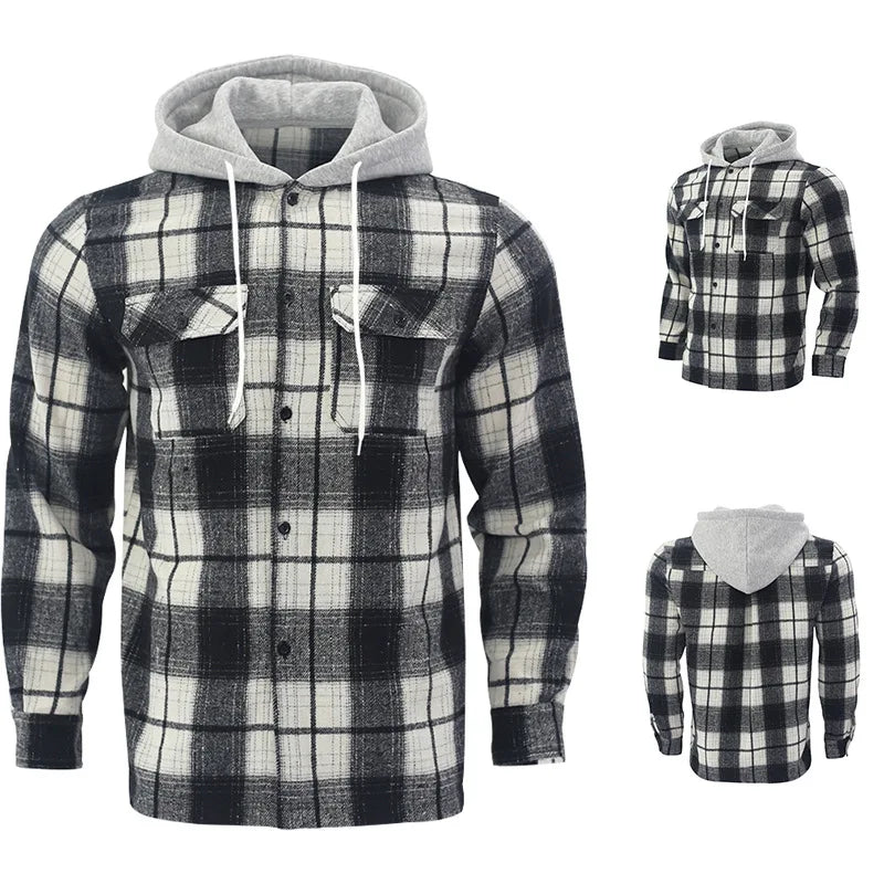 Heavy New Loose Casual Flannel Jacquard Long-Sleeved Hooded Plaid Shirt for Work Business Autumn 2025