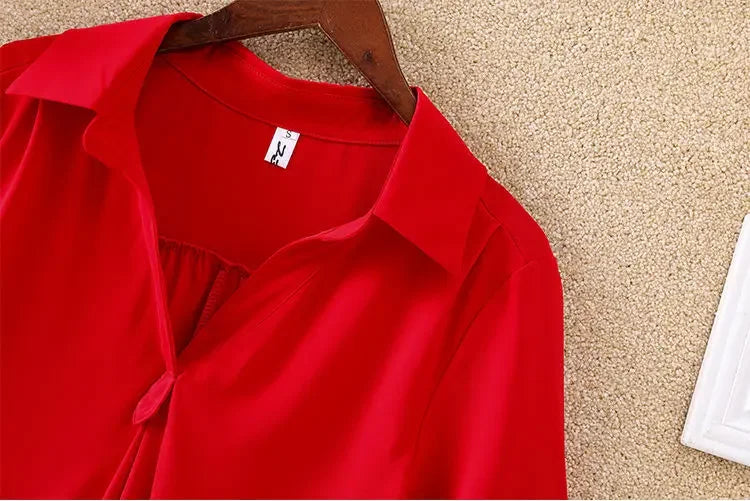 Women's Slimming Chiffon Top 2024 Summer New Style Medium-Length Short Sleeves Plus Size Loose-Fit Waist-Fitted Shirt
