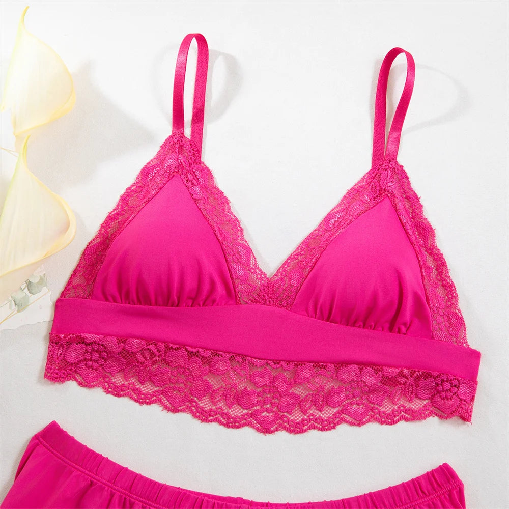 Sexy Lace Splicing Lingeries Sets Woman V Neck Spaghetti Strap Satin Bra And Shorts Pajama Set Casual Home Sleepwear Set