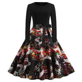 Elegant Digital Print Long Sleeve round Neck Dress with Belt Midi Skirt Large Swing Christmas Theme Cross-Border Knitted Fabric